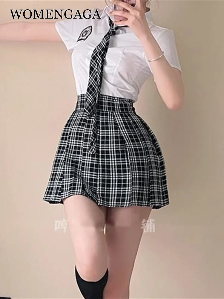 

Женский комплект с юбкой, милая школьная футболка, плиссированная мини-юбка в стиле преппи, костюм JK, униформа для девушек, кавайная рубашка,...