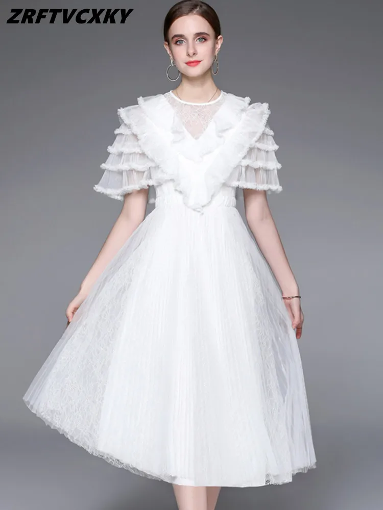 

Runway See Through Lace Mesh Midi Dresses For Women O Collar Fashion Ruffle High Waist Black/White Summer Princess Pleat Dress