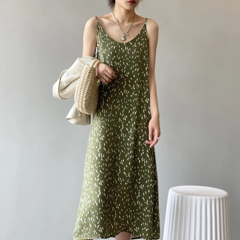 

V Neck Sleeveless Floral Print Women Spaghetti Strap Dress Summer Women Chiffon Midi Dress Elegant Chic Long Dress Vestido 2022