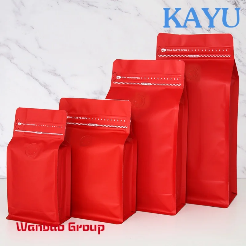 Custom Biodegradable Kraft Aluminum Foil One Way Valve Zipper Glossy Eight Side Gusset Sealed Pouch Coffee Bean Tea Packing Bags