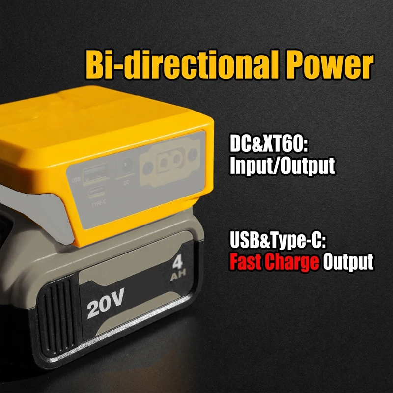Фото Адаптер питания Dewalt 20V с портами USB Type-C и DC для мобильных телефонов, повербанков, инструментов постоянного тока, светодиодных фонарей, DIY-проектов и радиоуправляемых моделей №4