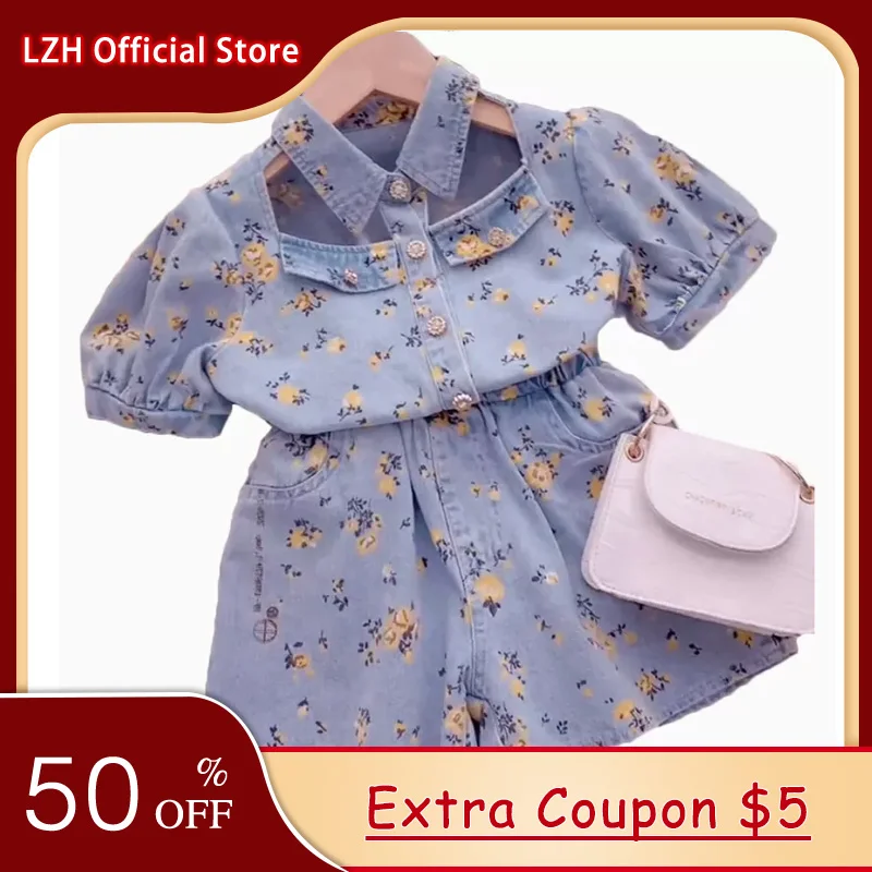 

LZH Children Clothing 2022 Summer Toddler Girls Clothes Casual Print T-shirt+Shorts 2pcs Outfits Suit Kids Girl Clothing Sets