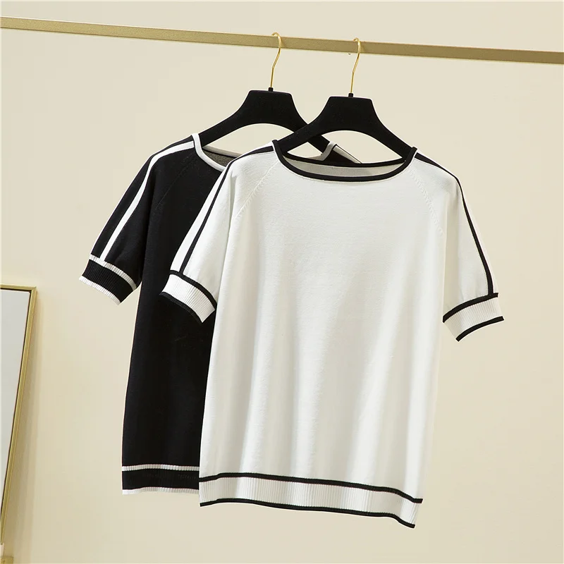 Женский трикотажный пуловер с коротким рукавом и круглым вырезом