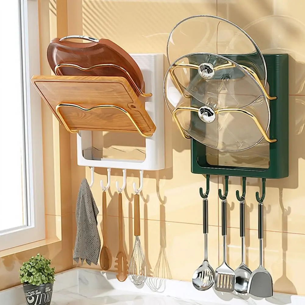 

Board Holder Pot Pot Lid Storage Rack with Hooks No Punching Wall Mounted Organizer Chopping Cover Shelf Kitchen Accessories