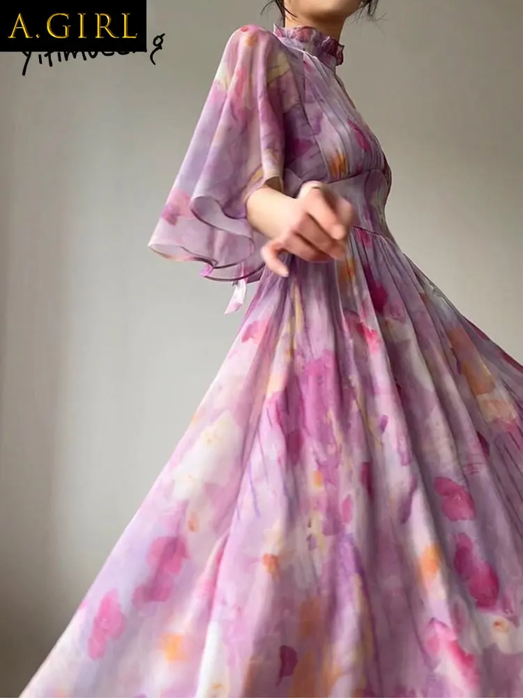 

A GIRLS Yitimuceng Print Midi Dress for Women 2023 New Fashion Fairycore Butterfly Sleeve Stand Collar Dress Vintage Backless Dr