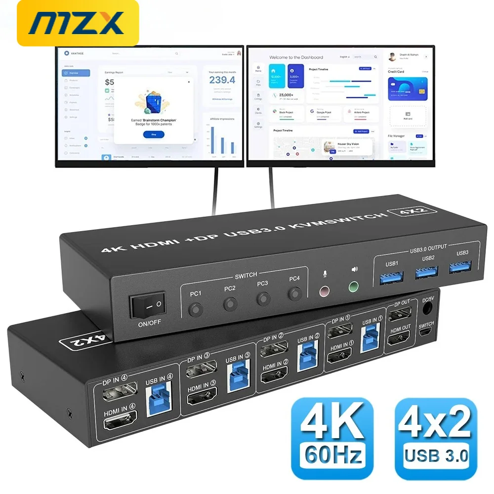 Фото MZX 4-портовый KVM-переключатель с поддержкой HDMI, USB 3.0, 4X2, для двух мониторов, 4K@60Hz, расширение DP, 4 входа 2 выхода, для совместного использования клавиатуры и мыши 4 компьютерами. №1