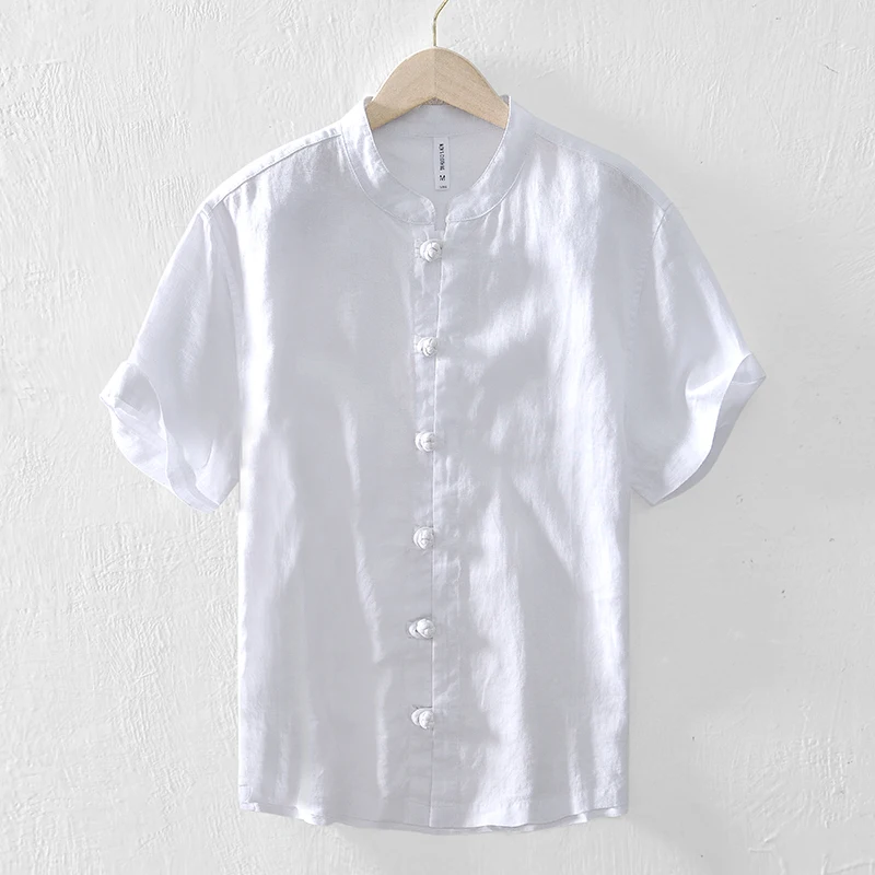 

New Designer Short-sleeve Casual Retro Linen Brand Shirts For Men Trendy Stand Collar Breathable Tops Clothing Camisa Masculina