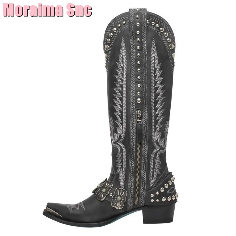 Pointed Toe Belt Buckle Rivet Cowboy Boots Vintage Style Embroidery Women Long Boots Block Heel Side Zipper Black Solid Fashion