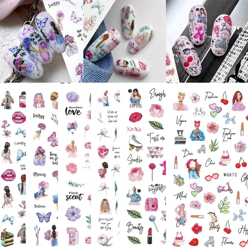 

1Pcs Valentine's Day Flowers Nail Art Stickers Lips Rose Flower Designer Nail Stickers Decoration Parts Love Letters Nail Slider