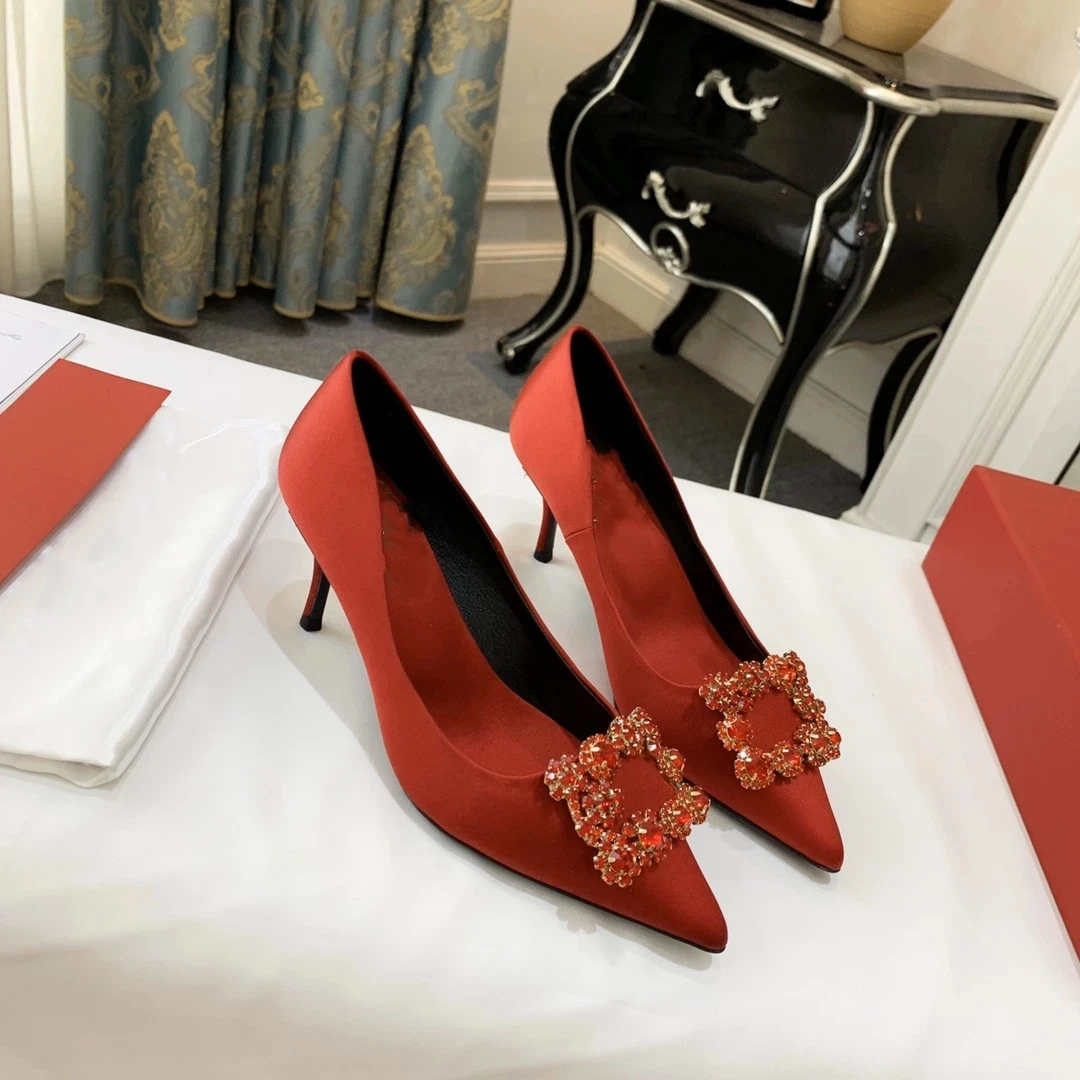 2023 New Style Wedding Shoes Satin High Heel Satin Rhinestone Square Buckle Flat Bottom Bridesmaid Shoes Women