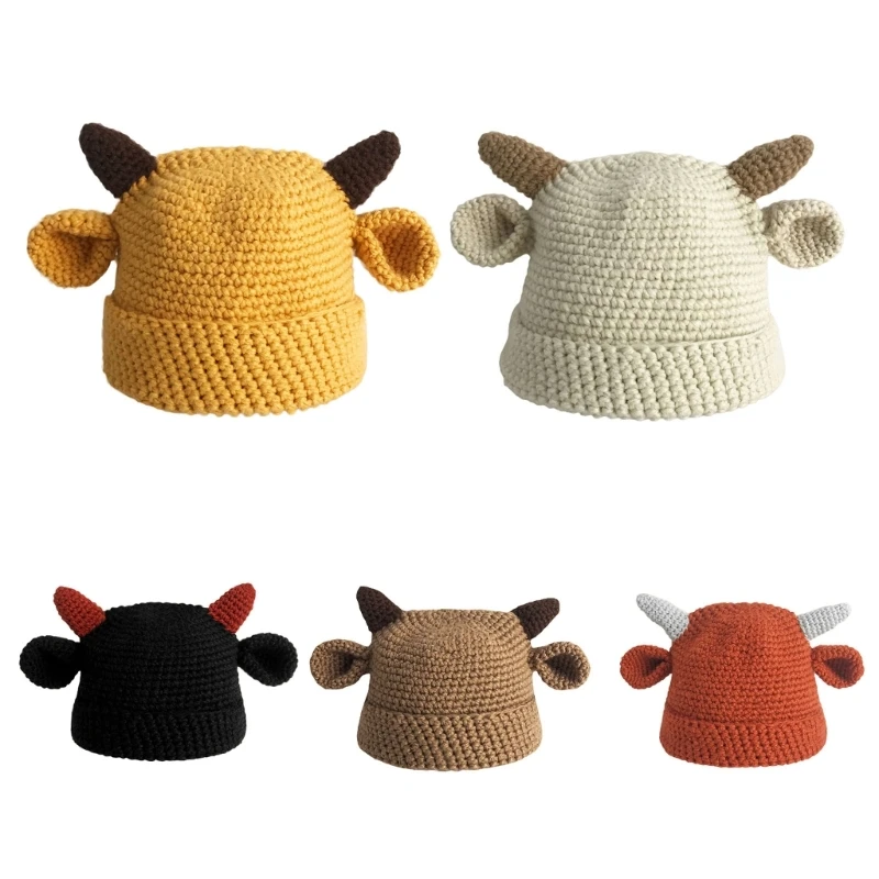 

Color Matching Acrylic Fibres Knitted Hat Calf Horn Shape Hat Warm Fuzzy Winter Knitted Birthday Gifts for Students