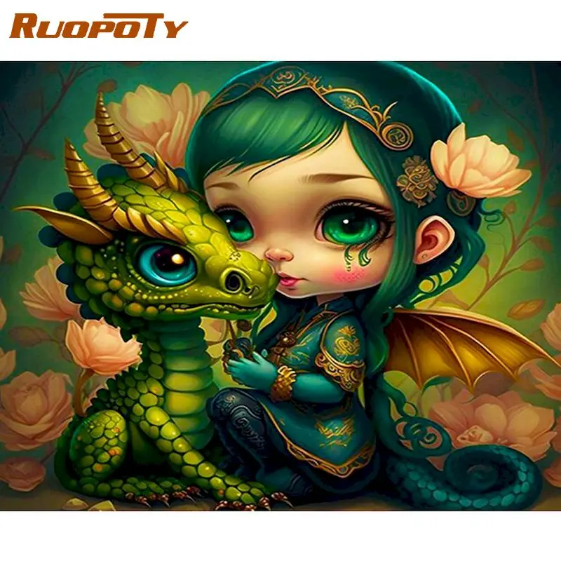 

RUOPOTY Diy Paint By Numbers For Beginner Kits Girl And Dragon Easy Paint With Instructions Acrylic On Canvas For Home Decoratio