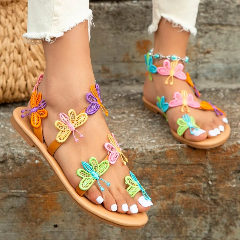 

Женские сандалии на плоской подошве, уличные пляжные босоножки с разноцветными бабочками, повседневная обувь, лето 2023