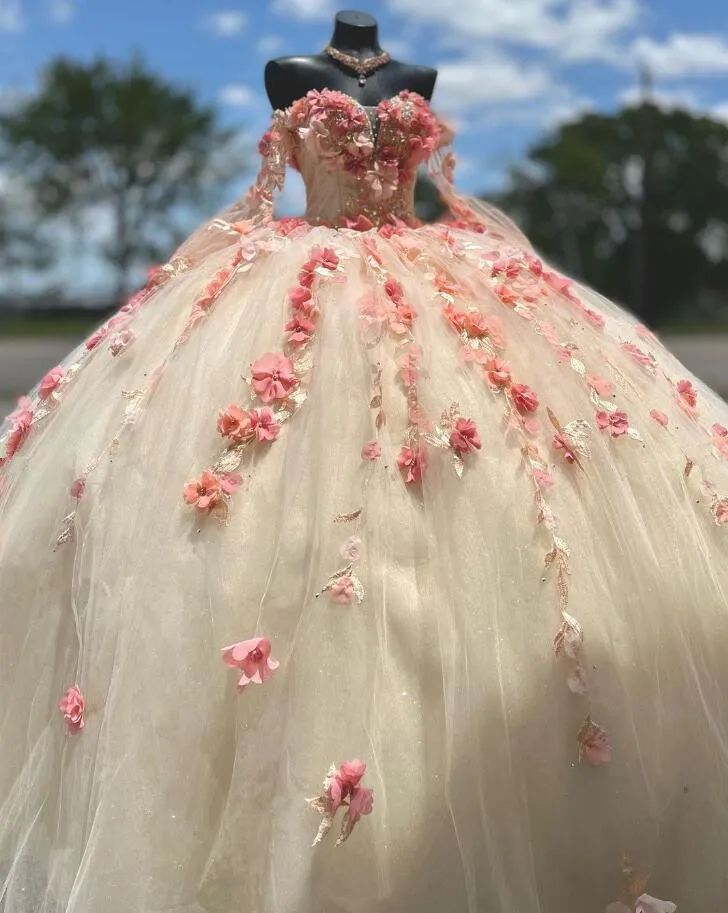 

Бальное платье розового цвета шампанского, платье для Quinceanera с длинным рукавом, милый бальный наряд принцессы с 3D цветами и бусинами 15, платья для выпускного вечера xv лет