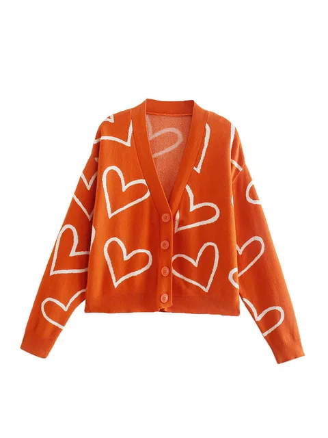 Print Heart Knit Cardigan Women Sweater 