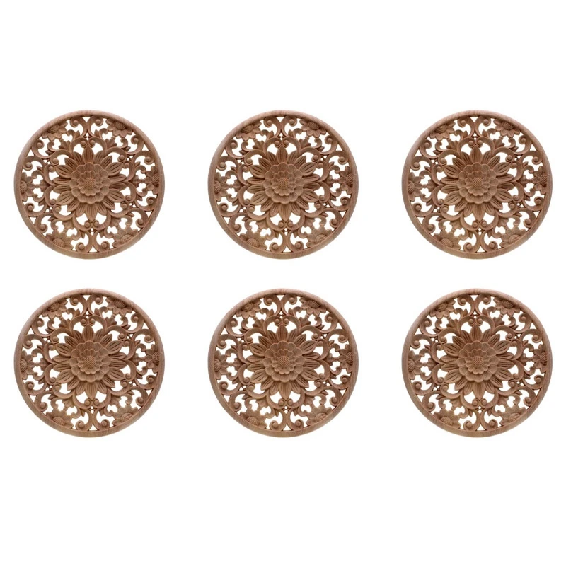 

AT14 6X Carved Flower Carving Round Wood Appliques For Furniture Cabinet Unpainted Wooden Mouldings Decal Decorative Figurine