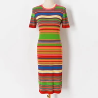 2022 french luxurious color stripe short sleeve women party dress tie dye rib knit sweater dress sexy dress women clothes