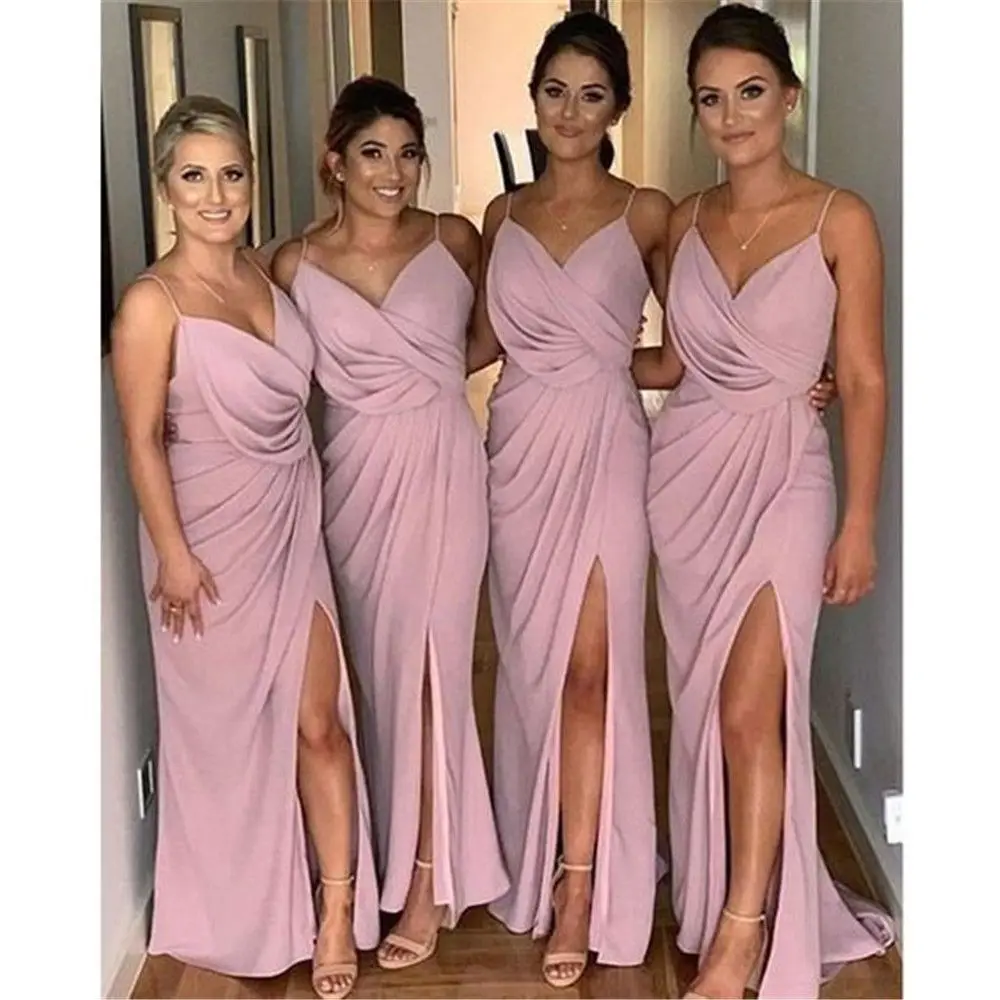 

Sexy Custom Mermaid Bridesmaid Dresses V-Neck Spaghetti Floor-Length Chiffon Thigh-High Slits Wedding Party Events