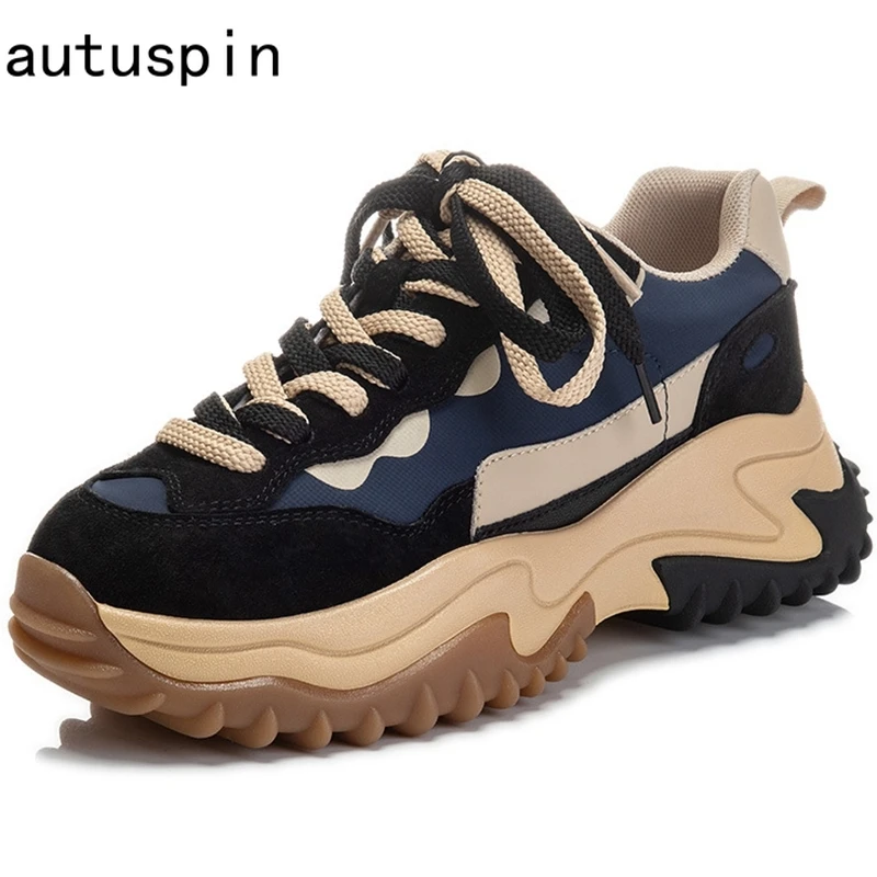 Autuspin Women's Spring Sport Shoes Genuine Leather Platform Vulcanized Sneakers Female Outdoor Lace Up Retro Casual Shoes Woman