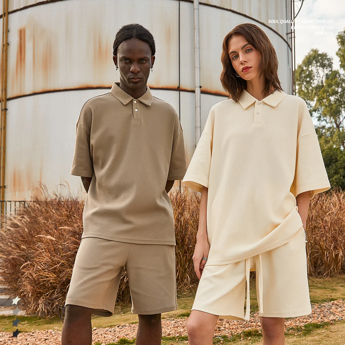 

Waffle Short Suit for Men Loose Casual Top Wide Leg Shorts Men's Clothes Sweat Suit Polo Shirt