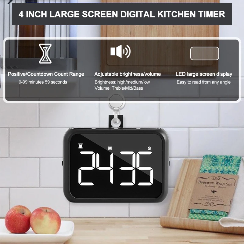 

USB Rechargeable Digital Timer Kitchen Cooking Countdown Alarm Clock Reminder Magnetic Suction Large Screen 3 Gears Brightness