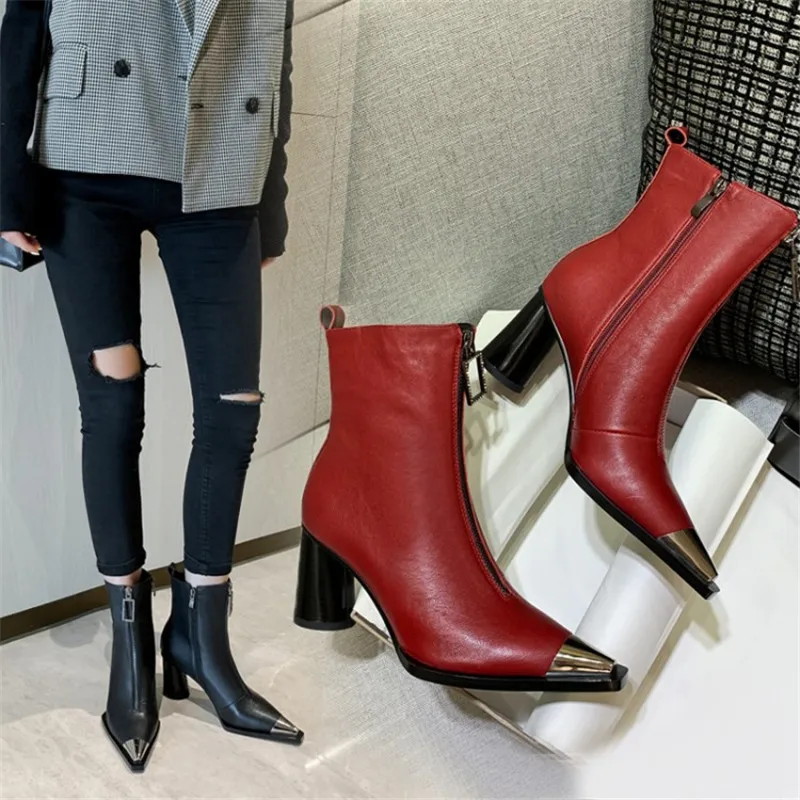 

Новинка 2021, модная женская обувь, осень/зима, женские ботинки с острым носком и круглым каблуком, элегантные кожаные ботильоны, праздничная ...