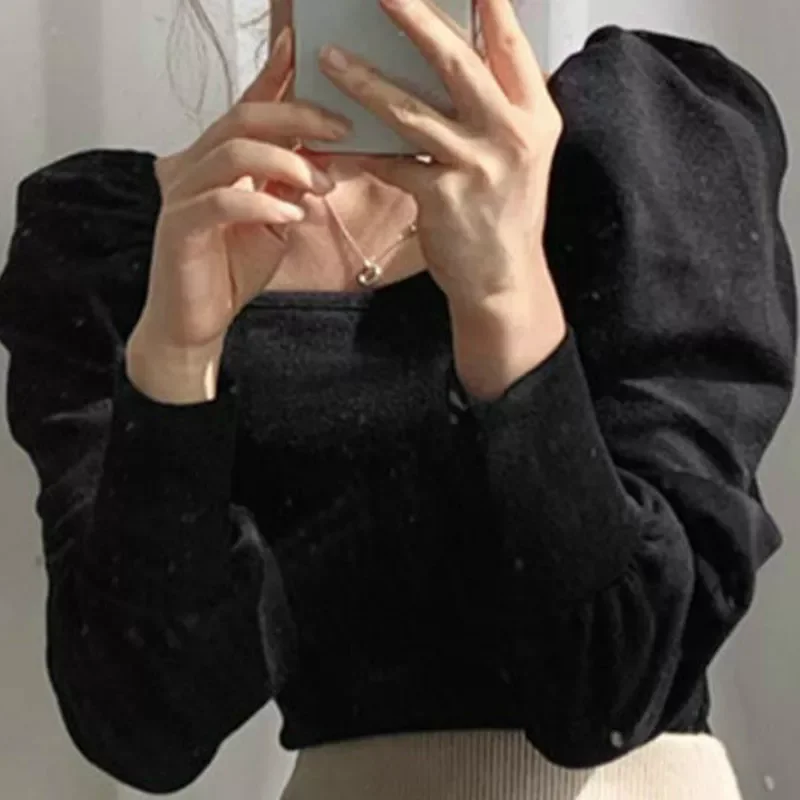 

2021 Solid Square Collar Puff Sleeve Women T Shirt Spring Pleated Knitted T Shirts Elegant Casual Slim Fit Ladies Tee