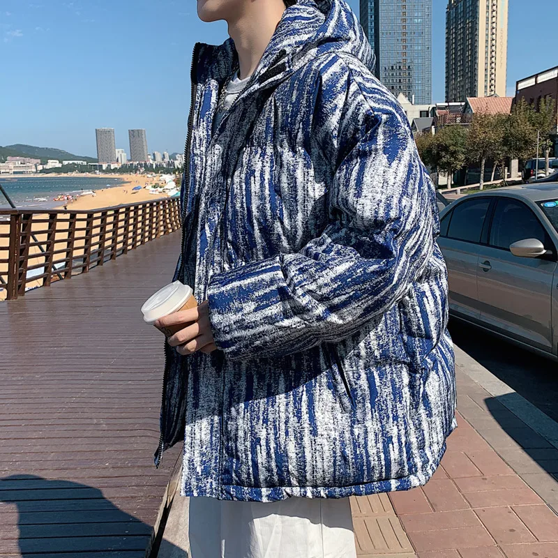 Winter Jacket Men Warm Fashion Retro Striped Thickening Jacket Men Streetwear Loose Short Coat Mens Parker Large Size M-5XL