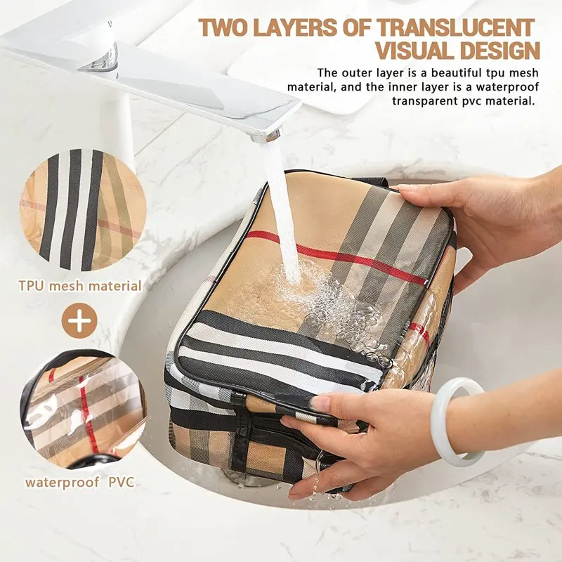 3 Pack Makeup Bag, Travel Cosmetic Bag with Zipper Handle Waterproof Striped Transparent Toiletry Bag Portable Organizer Cases S