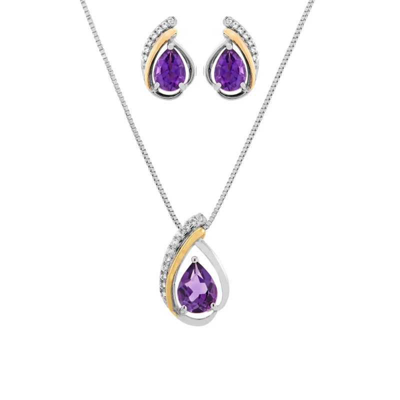 

Brilliance Fine Jewelry Pear Amethyst Created White Sapphire Set in Sterling Silver and 10K Yellow Gold