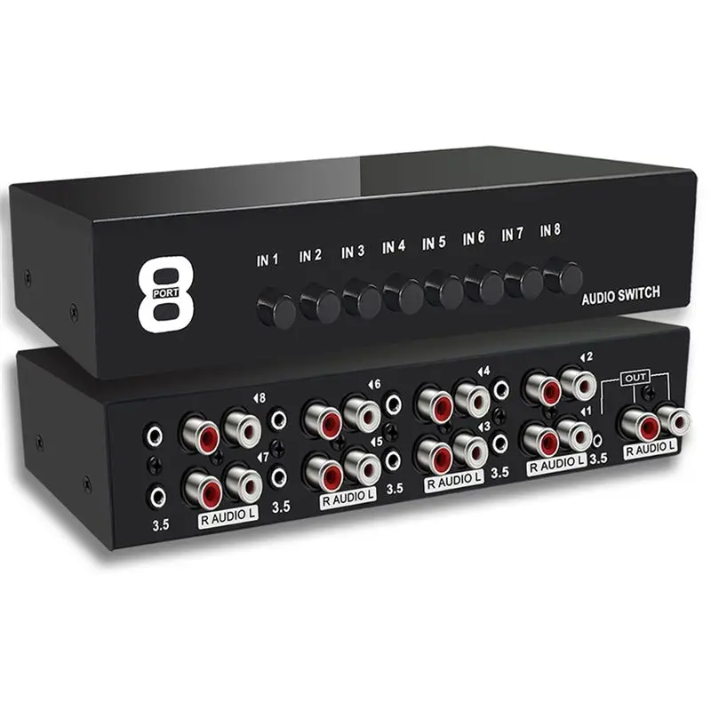 Фото Аудиопереключатель 3,5 мм Aux + RCA L/R, двунаправленный, стерео, 8 входов-1 выход, аналоговый A/B, селектор аудиосигнала №1