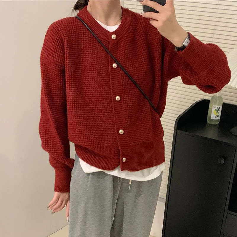 Женский вязаный кардиган на пуговицах Однотонный свитер в клетку с круглым