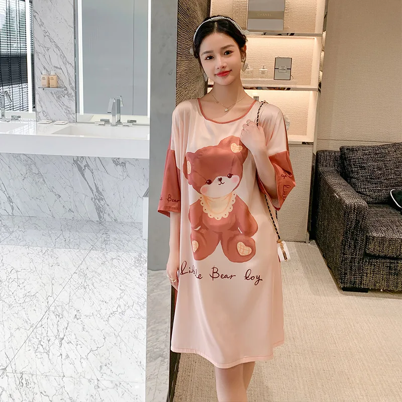 Summer 2023 new satin nightdress women's short sleeve silk pajama high-end sense literary loungewear cartoon pullover