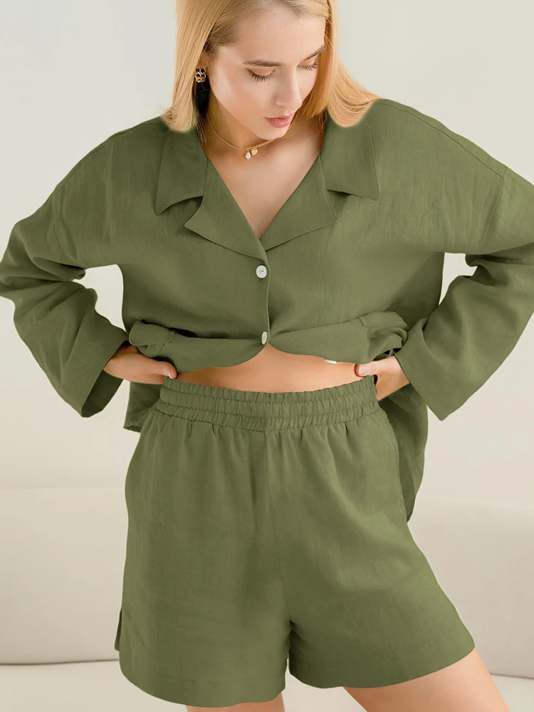 

Hiloc зеленая Хлопковая пижама для женщин наборы с двойными карманами короткий рукав комплекты однобортная Домашняя одежда оранжевая Пижама ...
