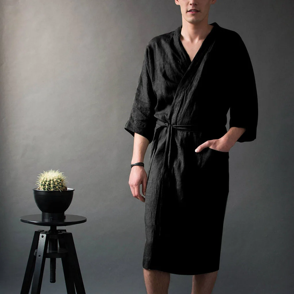 Mens Robe Long Solid Color Linen Nightgown Bathrobe Men Kimono Spring Summer Lace-up Long Robe
