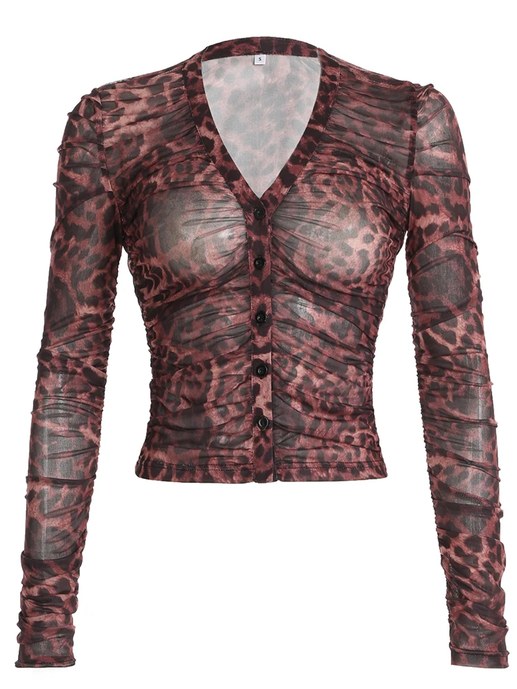 Rockmoer Сетчатые рубашки с леопардовым принтом Женские сексуальные прозрачные