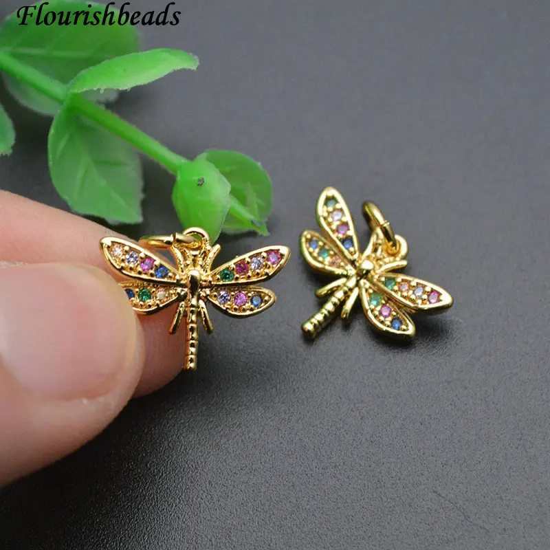 20pc Jewelry Making Supplies Nickel Free Anti Fading Gold Plated Cz Pave Cute Small Size Dragonfly Bracelet Charms