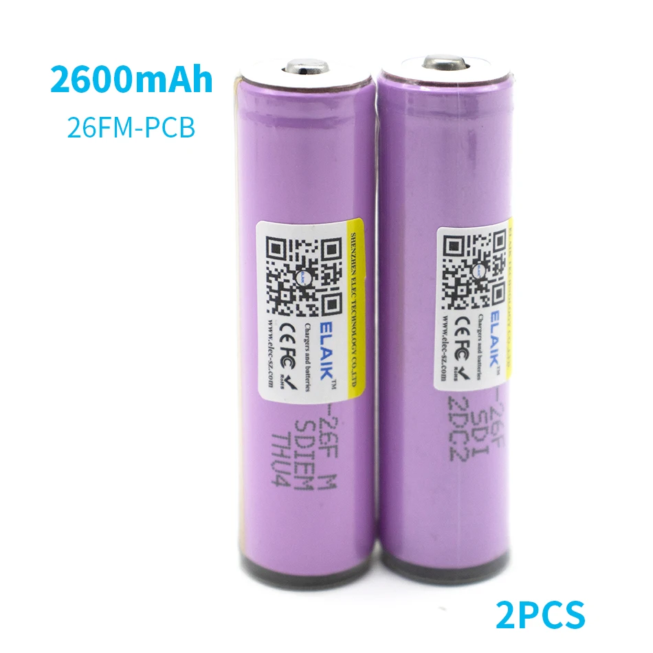 

2PCS ELAIK Protected New ICR18650-26FM 2600mAh Li-Ion 3.7 v 18650 Battery With PCB