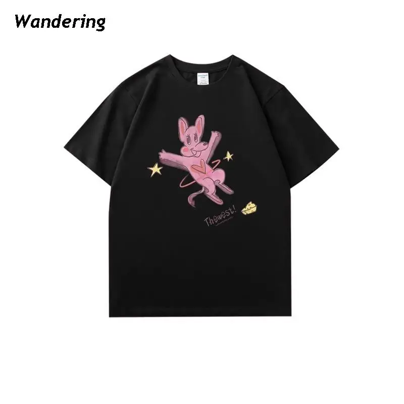 

Pink Mouse cartoon creative short-sleeved T-shirt 2023 summer fashion brand new half-sleeved shirt with Cotton T-shirt y2k