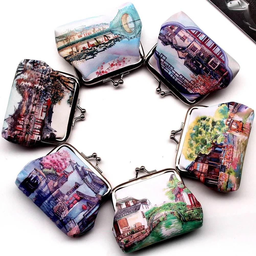 

Vintage Cute Women Printing Ancient Town Hasp Coin Wallet Ladies Change Purse Female Clutch Mini Money Bag PU Leather Carteira