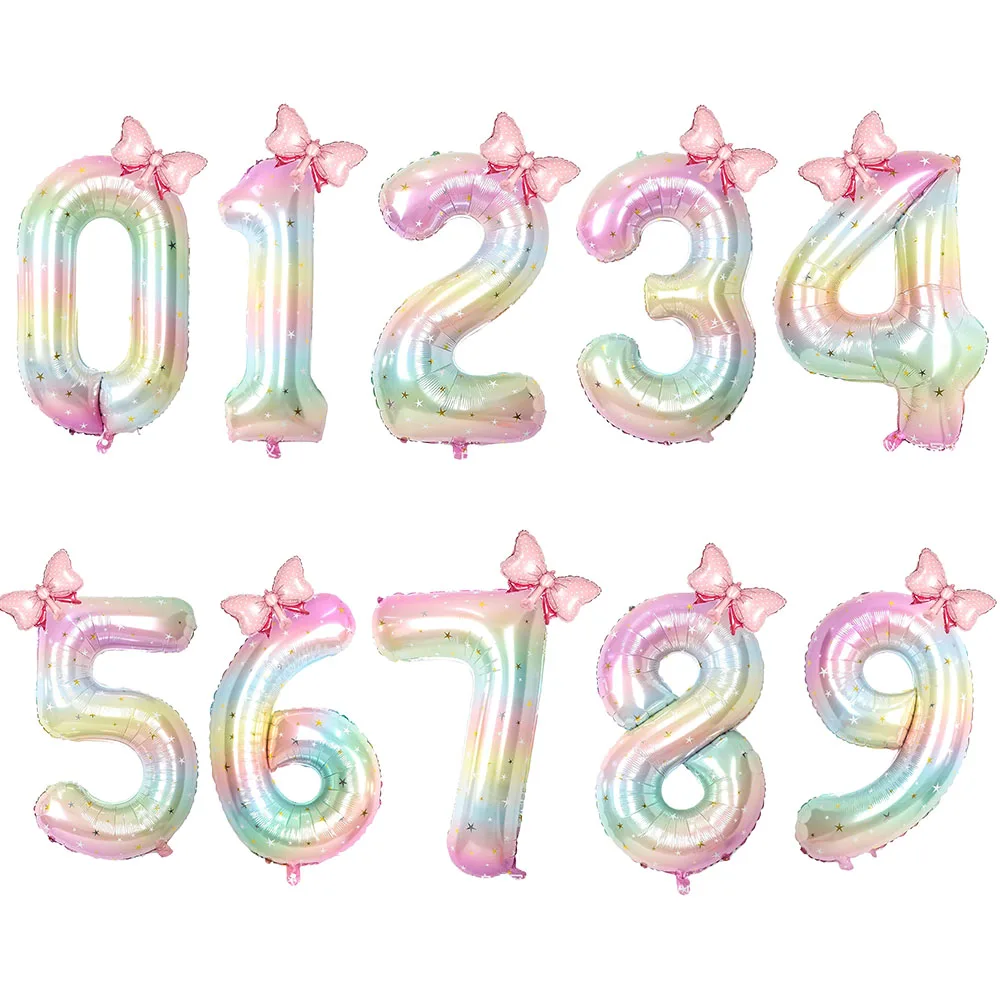 

2 шт., 40 дюймов, 1, 2, 3, 4, 5, набор больших радужных воздушных шаров со звездами и цифрами, мини-Воздушные шары из фольги с розовым бантом, для девочек, для дня рождения, декоративные шары