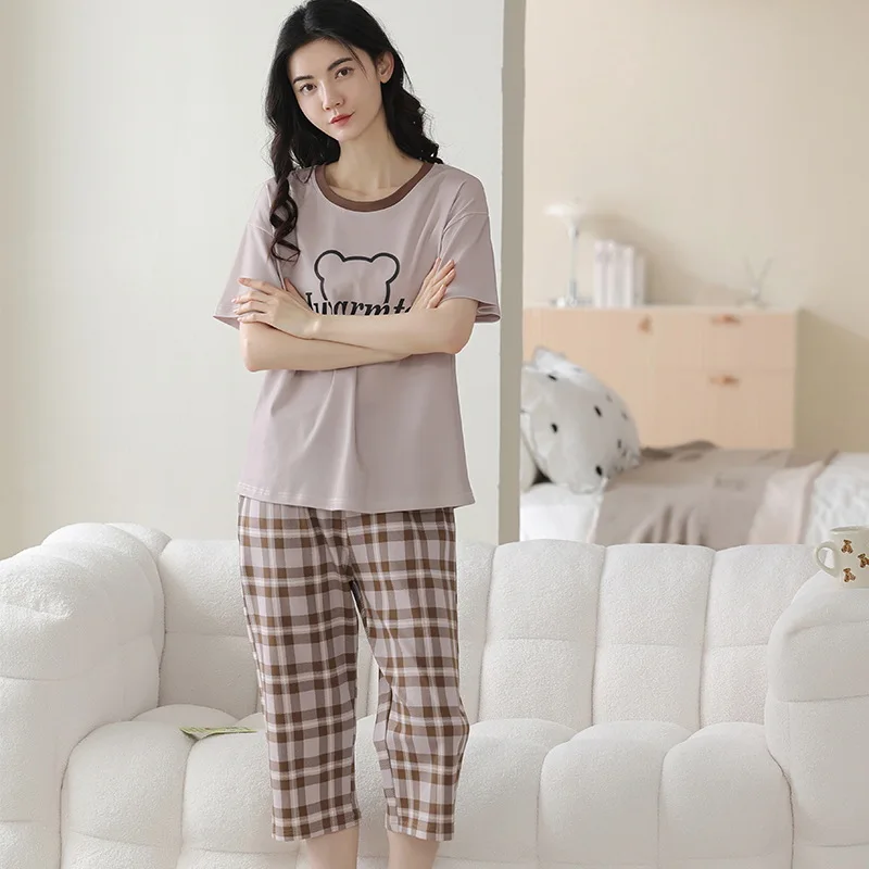 2023 Pajamas Women Spring and Summer Pure Cotton Short-sleeved Cropped Pants Cartoon Cute Thin Ladies Home Suit with Round Neck