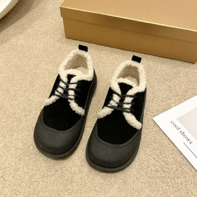 Women Winter Warm Casual Derby Shoes Plush Lining Keep Warm Toe Cap Lace Up Girls Flats Leisure Boat Shoes Female Snow Shoes