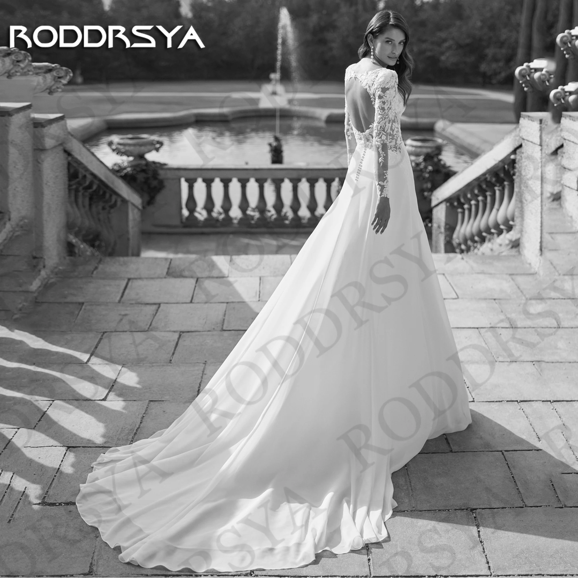 Фото RODDRSYA изящные свадебные платья с открытой спиной для невесты в стиле бохо Иллюзия Кружева с длинным рукавом трапециевидный шифон для женщин Элегантная невеста без спины Свадебное платье Богемия Фантомное кружево с д №4