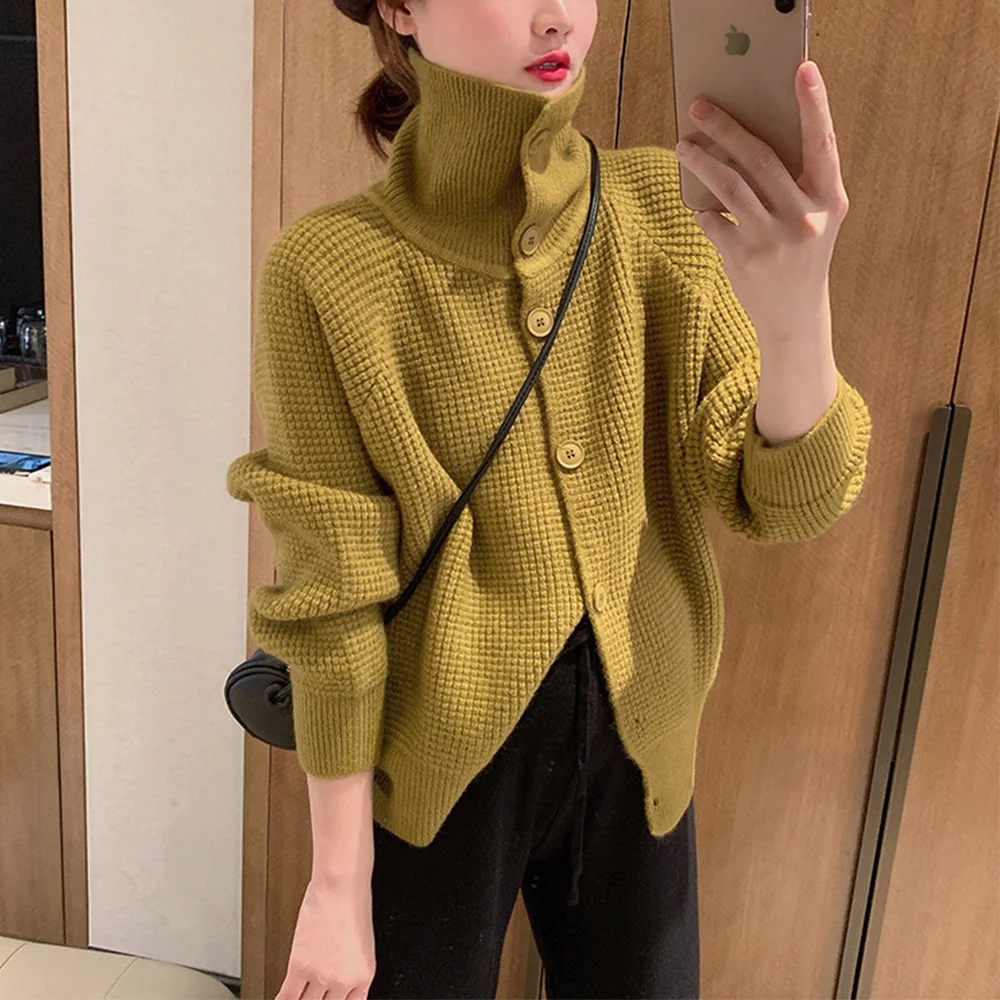 

Autumn New Soft Glutinous Casual High Neck Knitted Cardigan Single breasted Solid Color Coat Women's Fashion Coat Top