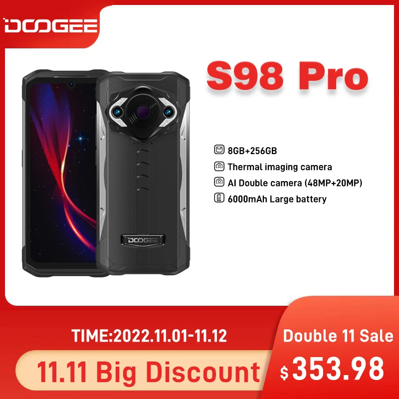 Tanie Światowa Premiera DOOGEE S98 Pro Wytrzymały Telefon 3 W 1 Aparat 48MP Smartphone Kamera Termowizyjna Telefon 20MP Night Vision Telefon Komórkowy Helio G96 8 GB + 256 GB Bateria 6000 MAh Wersja Globalna