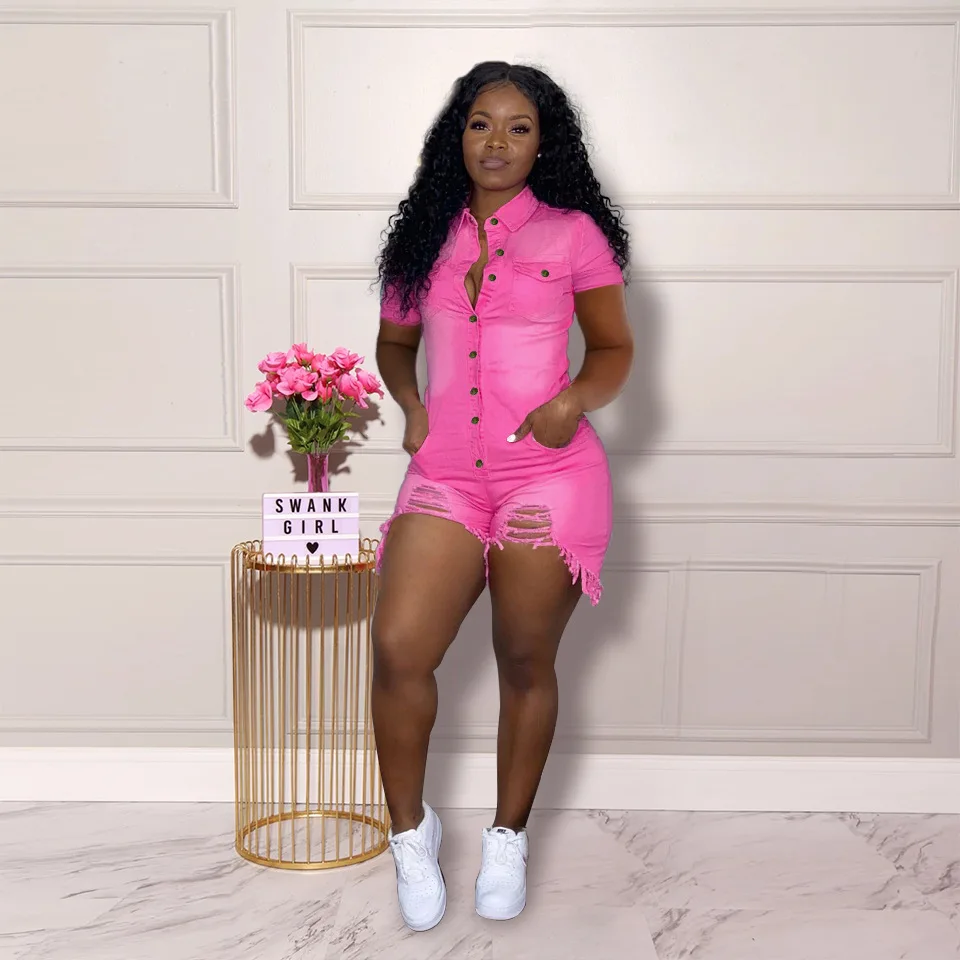 2022 Summer The New Fashionable  Hot Sale Explosion Chic Wish Adults Women'S Ripped Denim One-Piece Shorts