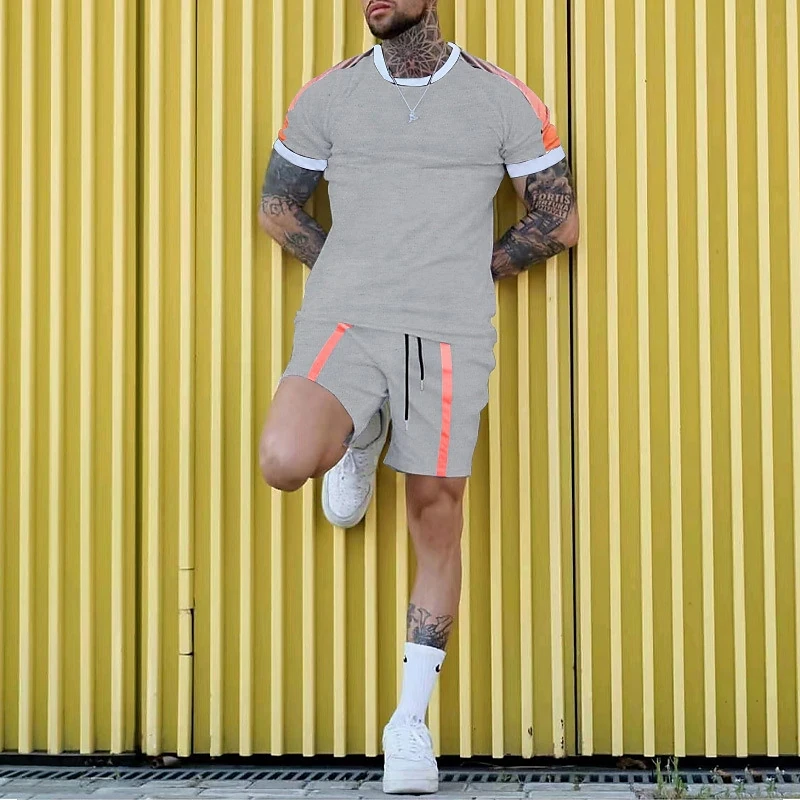 Men Clothes T-shirt Suits Plus Size 3D Printed Solid Color Graphic New Fashion Designer Round Neck Ropa Short Sleeve 2 Pcs