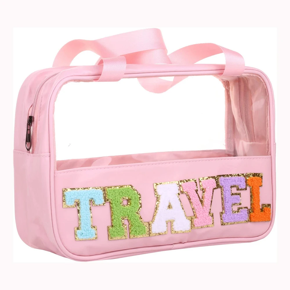 Preppy Clear TRAVEL Makeup Bags with Chenille Letter Patches Travel Essentials Large Clear Make up Bag Zipper Pouch with Handle