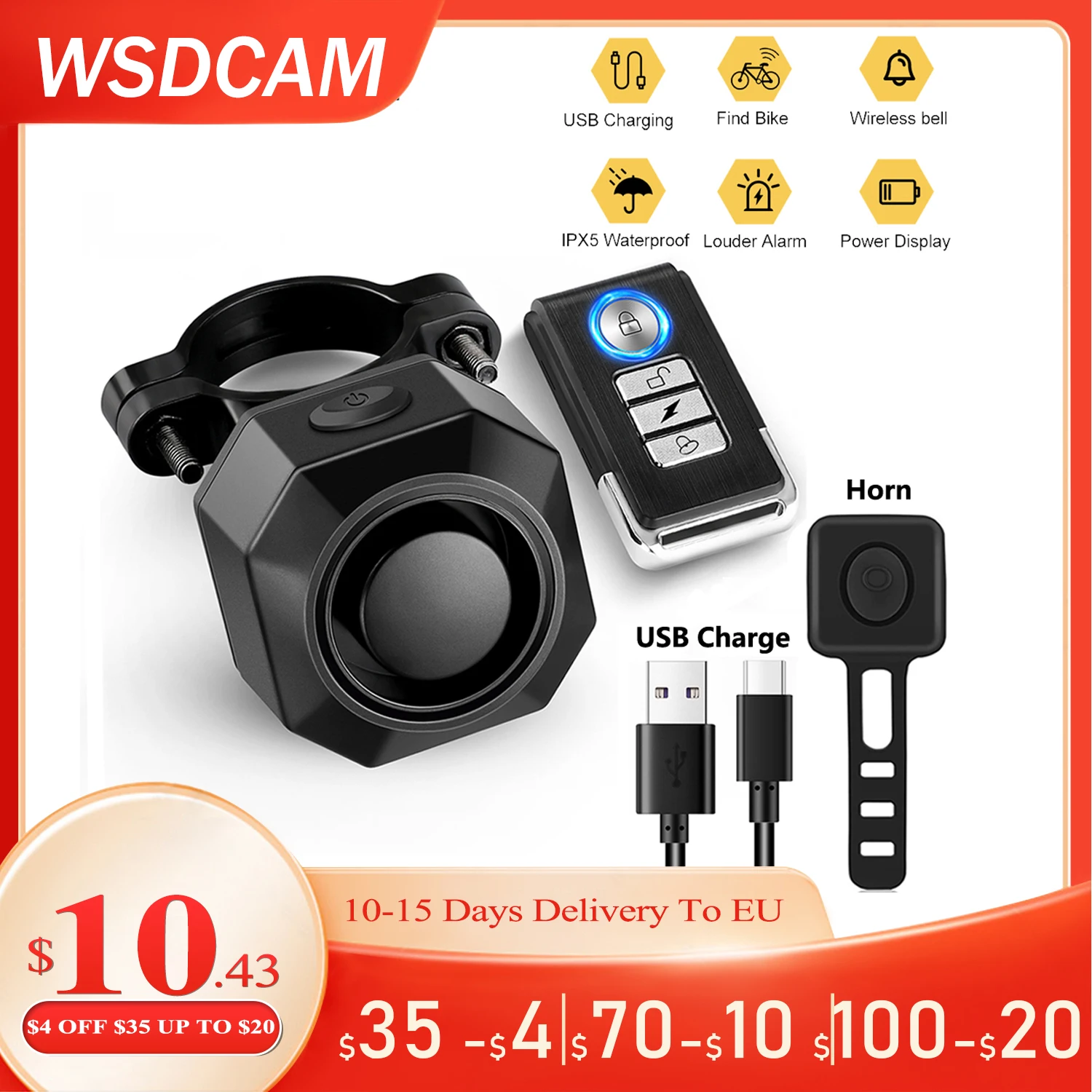 Сигнализация WSDCAM велосипедная беспроводная водонепроницаемая с USB-зарядкой и защитой